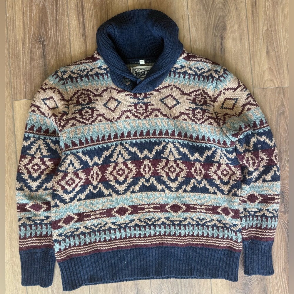 Schott Southwestern Aztec Wool Blend‎ Knit Shawl Collar Pattern Sweater Men’s XL